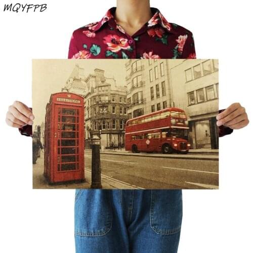 London Red Bus And Telephone Booth Kraft Paper Poster Home Room Decoration Interior Painting 50.5x35cm