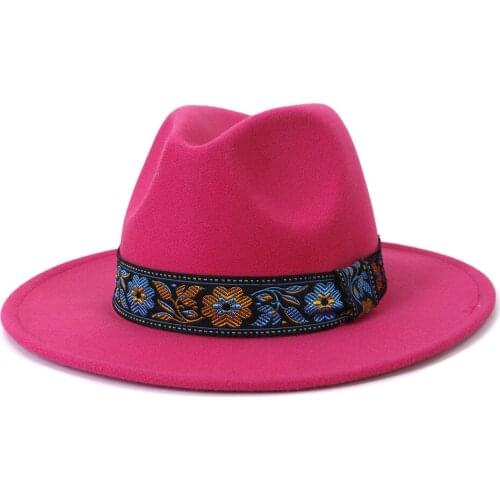 Women Men Wide Brim Ribbon Belt Woolen Felt Fedora Hat Jazz Panama Winter Autumn Camel White Solid Hat