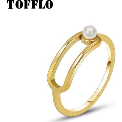 TOFFLO Stainless Steel Jewelry Ins No Fade Geometric Loop Pearl Ring Lady Elegant Ring BSA201