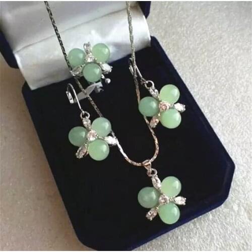 Wholesale fashion new design jewelry 3 light green Natural jade beads flower pendant earrings & ring(#7.8.9) jewelry sets