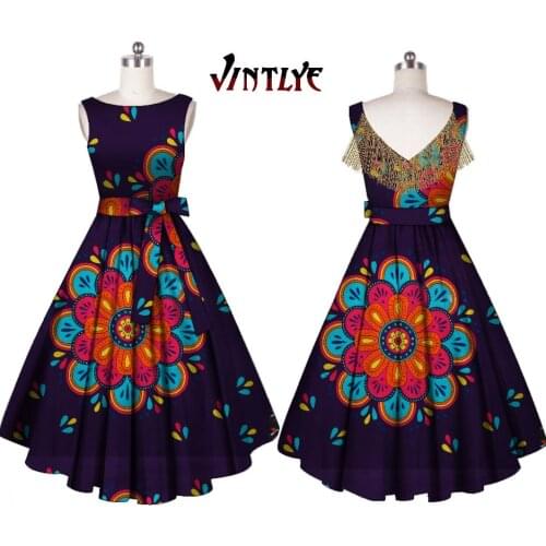 Women Sleeveless Dresses Fashion African Print Dresses Ankara Africa Style Women Clothes V-neck Knee Length Dresses WY606
