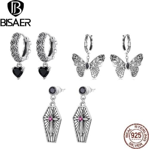 BISAER Vintage Earrings For Women 925 Sterling SilVer Gothic Rose Butterfly Cross Earrings Cool Girl Fashion Jewelry EFE535