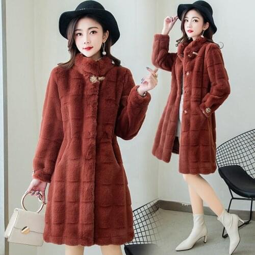 Women mink Woolen Coat Mid-length Imitation fur Jacket Ladies Casual Elegant Long Sleeve Wool Overcoat Outerwear Plus Size R890