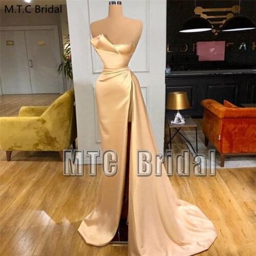 Sexy Champagne Long Evening Dress High Slit Strapless Shiny Satin Formal Dresses Plus Size Women Prom Party Gown Robe De Soiree
