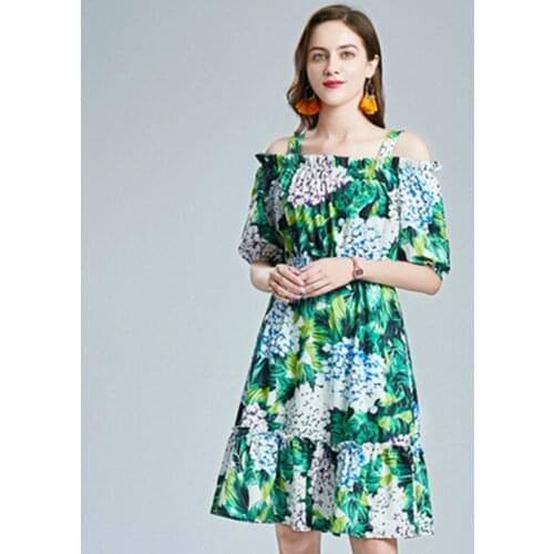 New 2021 Runway Temperament Floral Summer Dress Womens Sexy Shoulder Green Leaves Flower Print Sandy Beach Party Dress