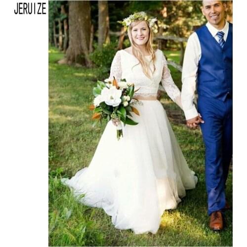 JIERUIZE Simple Two Pieces Lace Wedding Dresses Scoop Neck 3/4 Sleeves Button Back Bridal Gowns Bride Dresses vestido de novia