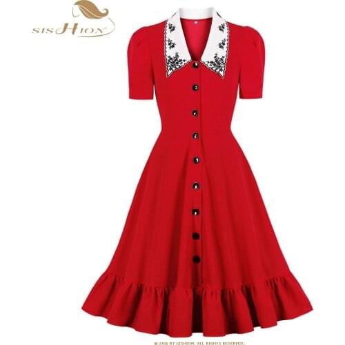 SISHION Short Sleeve A Line Party Red Ruffle Dress VD2274 Summer Single-breasted Night Robes for Women Dresses Jurk