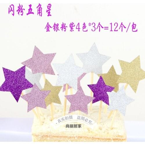 12pcs Colorful Cake Topper Star Heart Happy Birthday Party Cake Decora Supplies Baby Shower Decoration Wedding Party