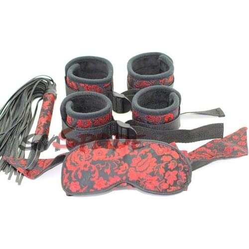 4Pcs Bondage Restraint kit contains System Set Adult sex Blindfold flogger Whip bondage restraint HandCuffs Ankle cuffs Sex Toys
