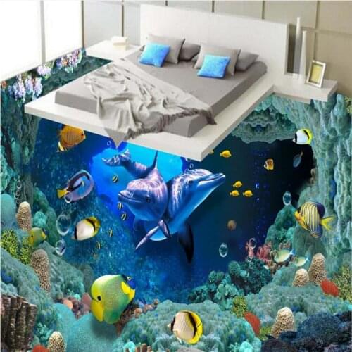 Beibehang floor painted floor affixed to high-definition underwater world dolphin bathroom 3d floor painting papel de parede