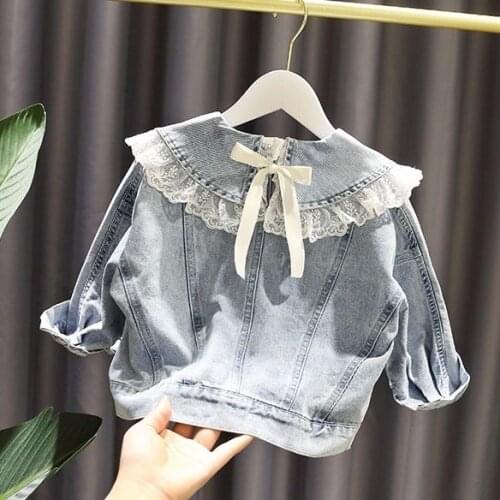 Spring Fashion Baby Kids Girl Cloth Lace Bow Denim Jacket Girl Lace Ruffles Collar Denim Coat Autumn Children Solid Jeans Jacket