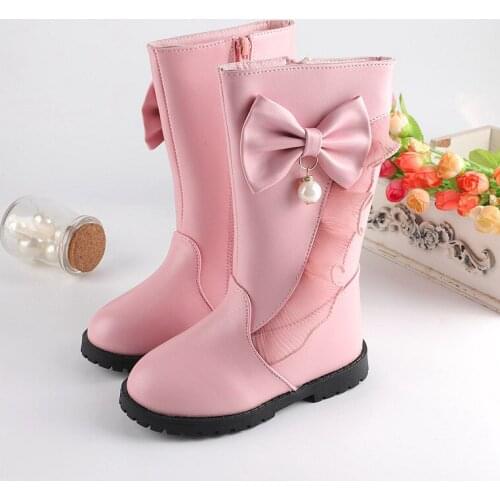 Children Boots for Girls Autumn/ Winter Kids Princess Boots with Bow Girl Velvet Warm Girls Snow Boots Cotton Shoes Waterproof