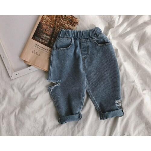 Unisex Jeans Casual Hole Denim Pants for Boy Spring Autumn Korean Elastic Waist Jeans for Girls 2 3 4 5 6 7 Years Children Pants
