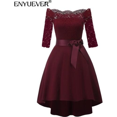 Enyuever Plus Size Evening Party Dress 2021 Off Shoulder Robe High Low 3/4 Sleeve Elegant Lace Dress Women Clothing Vestidos