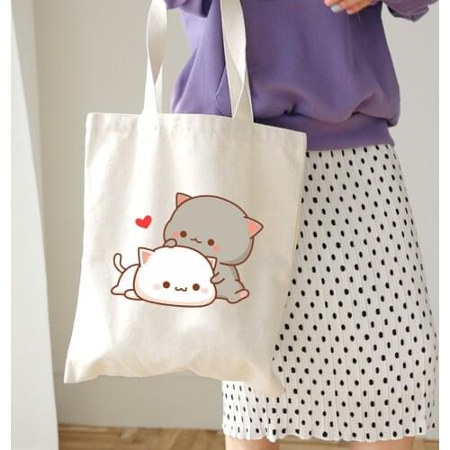 Female Canvas Beach Bag Cute Cartoon Cat Printed Casual Tote Women Handbag Daily Use Shoulder Shopping Bags Black