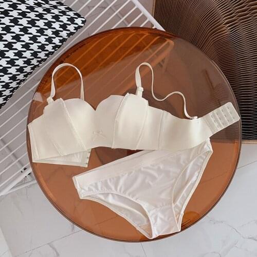 Wriufred Comfortable gathering cute bra panty set non-steel ring medium-thick half-cup strapless underwear set