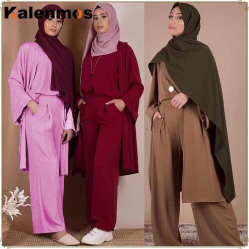 3 Piece Set Blouse Wide Leg Pants Solid Cardigan Women Dubai Muslim Abaya Lace-up Kaftan Islam Turky Casual Set Islamic Clothing