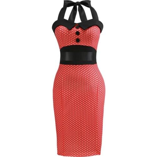 Red Vintage Dress Polka Dot Halter Buttons Bodycon Dress for women