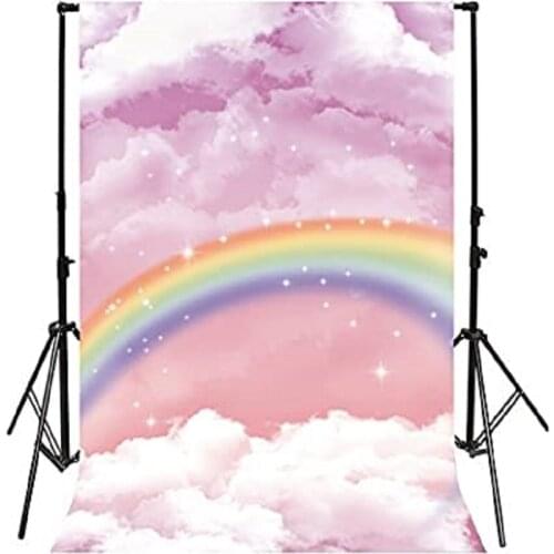Colorful Rainbow with Shiny Stars Fantasy Photography Backdrop Clouds Sky Pink Tone Dreamy Sky Birthday Decoration Background