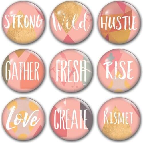 Word and letter strong wild glass cabochon, pink gold gray background Round photo glass cabochon demo flat back Making findings