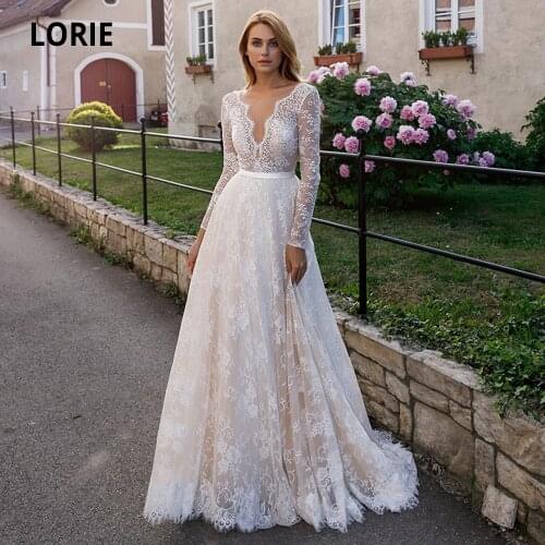 LORIE Elegant Full Lace Champagne Wedding Dresses 2020 Sexy V-neck illusion Long Sleeve Boho Beach Bridal Gown Backless Marriage