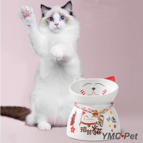 Cute Lucky Cat Shape Pet Food Bowl Raised Ceramics Pink Cat Bowl Food Feeder for Small Dog Pet Accessories