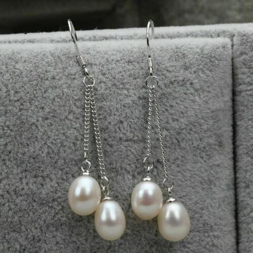Fashion 6-7mm Natural White Pearl Dangle Drop Silver Hook Earrings AAA