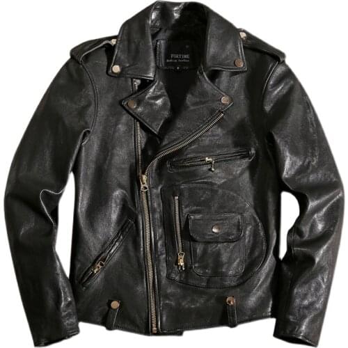 Oblique Zipper Genuine Leather Mens Jacket Vegetable Tanned First Layer Sheepskin Retro Slim-Fit Motorcycle Leather Jacket