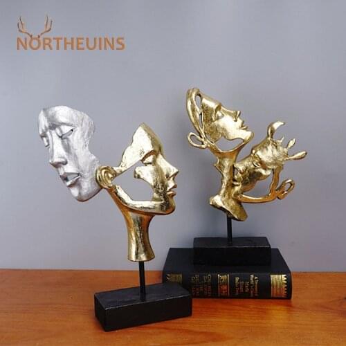 NORTHEUINS Resin Abstract Couple Mask Decorative Figurine For Interior Retro Creative Kiss Lover Statue Home Desktop Decoration
