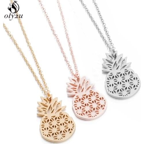 Oly2u Summer Pineapple Pendant Necklace for Women Minimalist Jewelry Hollow Hawaii Stainless Steel Necklaces Friendship Gift Bff