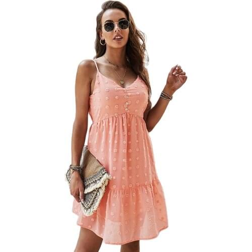 Women Mini Summer Dress Chiffon Dot Jacquard Sling V Neck Spaghetti Strap Backless Stretch Waist A-Line Boho Holiday Female 2021