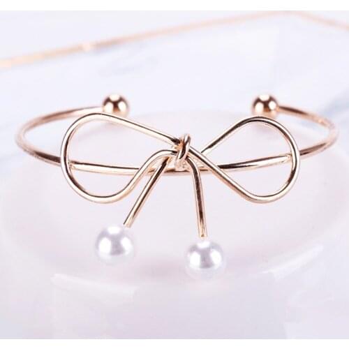 Gold Silver Plated Simple Bowknot bangle open brand fashion classic simulated Pearl cuff bangles bracelets jewelry for women