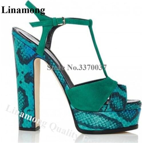 Women Fashion Open Toe Green Snake Leather High Platform Chunky Heel Sandals T-strap Patchwork Thick High Heel Sandals Big Size
