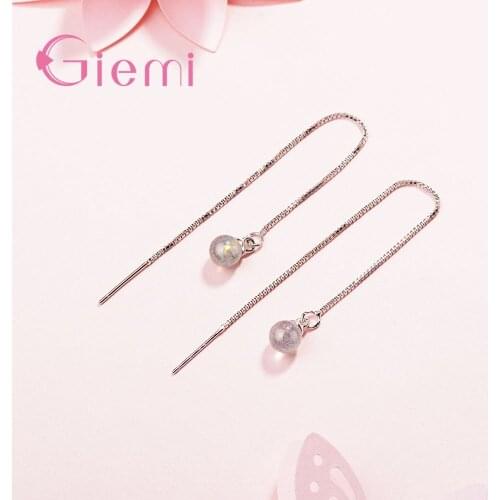 High Quality Long Thin Chain 925 Sterling Silver Earrings With White Crystal Ball Pendant For Women Girls Jewelry