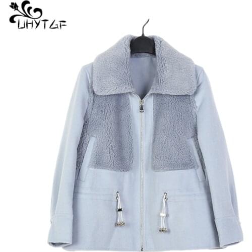UHYTGF High Quality 90% Wool Coat Women Autumn Winter Clothes Patchwork Fur Collar Short Coat Female Outerwear Chic Overcoat 958