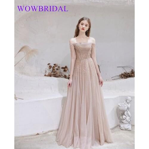 Wowbrial 2021 Elegant Beaded Floor Length Tulle Coral Lace Appliqued Dubai Evening Dresses with Long Sleeve