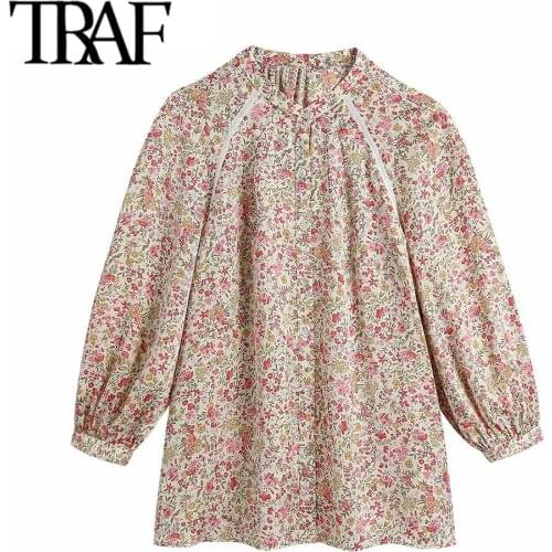 TRAF Women Fashion With Lace Floral Print Loose Blouse Vintage Three Quarter Sleeve Button-up Female Shirts Chic Tops