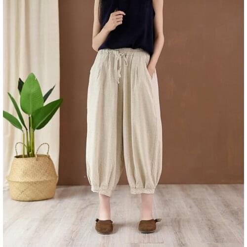 Women Summer Cotton Linen Knickerbockers Pants Ladies Solid Color Elastic Waist Trousers Female Ankle length Pants 2019 Vintage