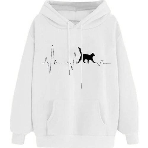 2021 Hoodies Women Casual O-neck Cat Printed Loose Sweatshirts Tunic V Blouse Tops Pullover Sweatshirt Kawaii Top Толстовка
