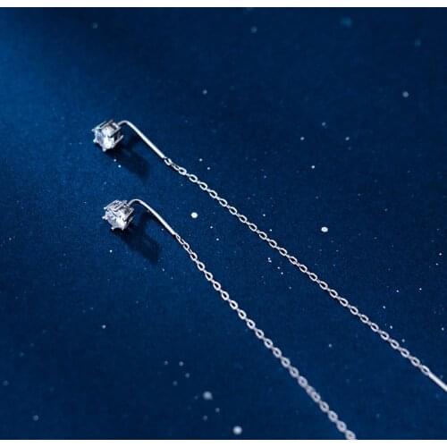 100% Real 925 Sterling Silver Single Zircon Threader Earrings Long Chain Pull Through Drop Earrings for Women Girls E0636