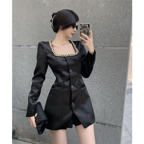 Sexy Patchwork Chain Blazer Suits Female Satin Square collar Long Sleeve Jacket +High waist Shorts Two piece set Women Autumn
