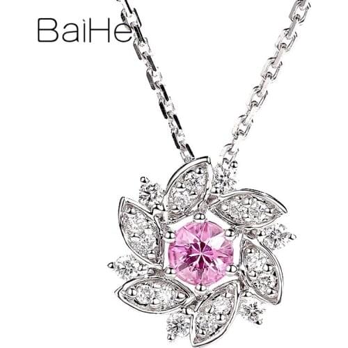BAIHE Solid 18K White Gold 0.20ct Pink sapphire 0.16ct Natural Diamonds Women Trendy Engagement Fine Jewelry Gift Necklaces