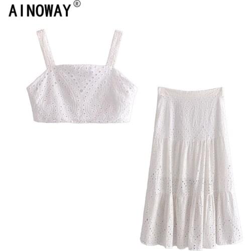 Vintage chic Women two piece linen cotton strap Sleeveless tops Bohemian maxi skirts 2 pieces hollow embroidery white Boho sets
