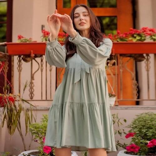 Women Casual Bow Lantern Sleeve Ruffles Mini Dress Solid Drawn Back Simple Dress 2021 Spring Fashion Office Lady Vintage Dress