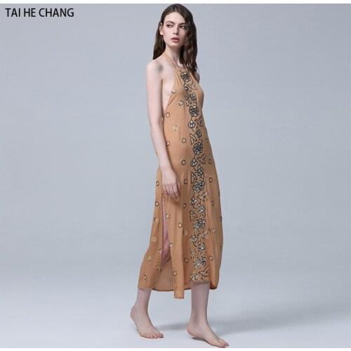 Women dress new designer vestidos elegant runway vintage embroidery bohemian halter sexy beach backless long dress