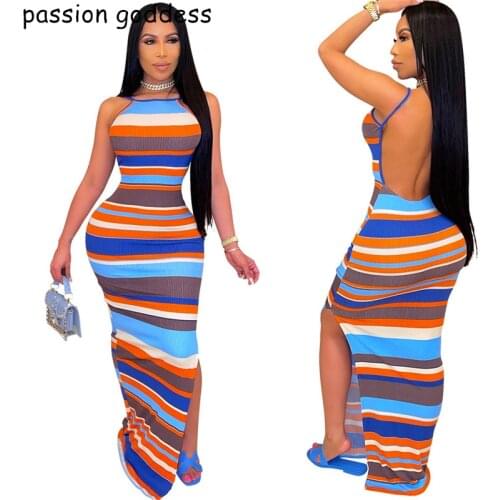 New Women Summer Sexy Long Beach Vacation Bodycon Dress Spaghetti Strap Backless Slit Stripe Knit Long Maxi Dress Female Outfits