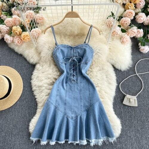 High Quality 2021 Summer Sexy Women Denim Dresses Backless Bandage Tassel Ruffled Jeans Silm Mini Female Korean Dress Vestidos