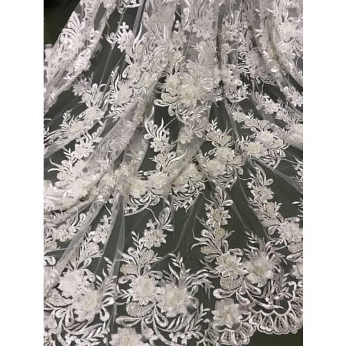 1 yard Off White Heavy Embroidered Lace Fabric With 3D Flowers, Bead Lace Fabric