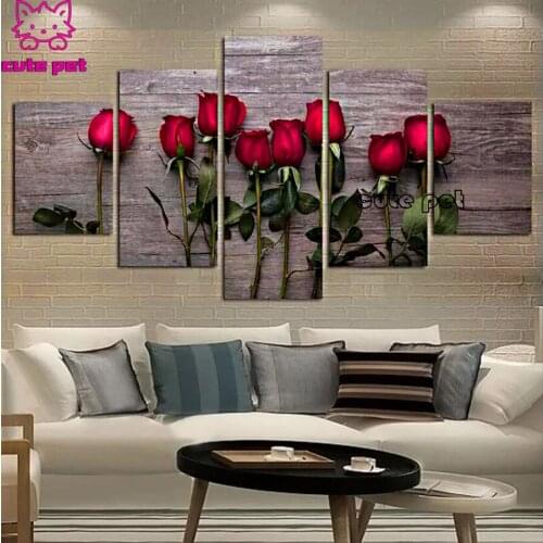 Diamond Embroidery Full round square Drill red rose landscape diamond picture 5 pcs set 5d DIY Diamond Painting mosaic set decor