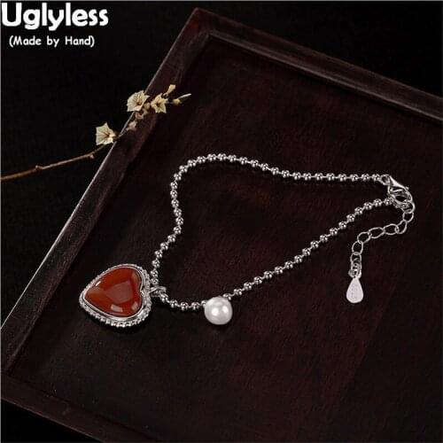 Uglyless Sweet Heart Shape Charm Bracelets for Women Nature Agate LOVE Gifts Thin Bead Chains Bracelets Freshwater Pearls Bangle